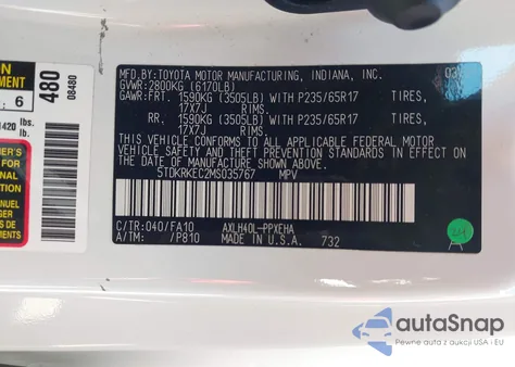 2021 Toyota Sienna Le z USA, uszkodzony, nr VIN 5TDKRKEC2MS035767